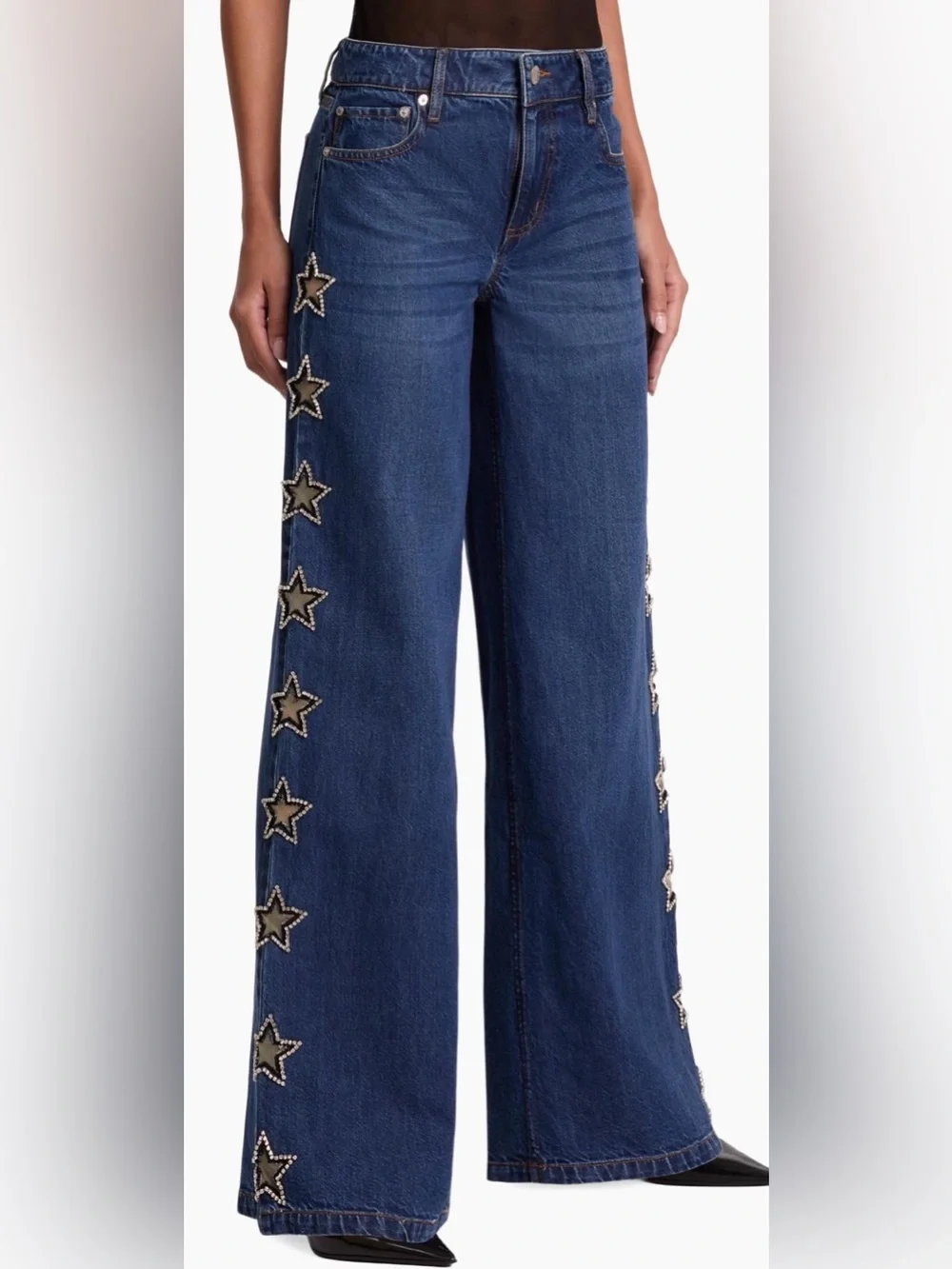 Alice + Olivia Dark Amazing Embellished Mid-Rise Baggy Jeans - Picture 1 of 7